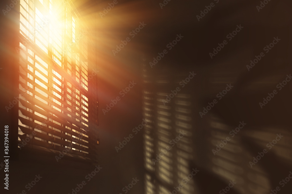 Sun shining through window blinds in room - obrazy, fototapety, plakaty 