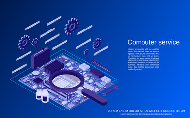 Wall Mural - Computer service, repair, first aid flat 3d isometric vector concept illustration