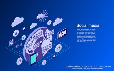  Social media, network, global communications, live chat flat isometric vector concept illustration