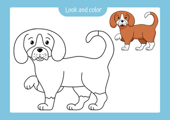 Coloring page outline of a dog with colored example.