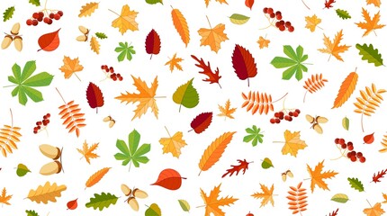 Wall Mural - Autumn background with leaves, berries and nuts. Colorful seamless pattern. Isolated. Vector illustration