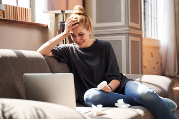 Unhappy woman sharing personal problems with psychologist online