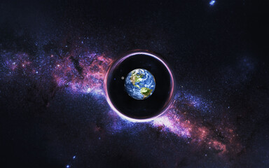 Wall Mural - eath planet of solar system with moon black hole somewhere in space. view through the wormhole. dram