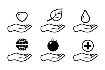 holding icons set. Set of 6 holding outline icons such as heart, water drop, hand with leaf, globe on hand, apple, help eps