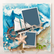 Marine Scrapbook Frame On Blue Watercolor Painted Sea Background. Sea Mood Memory Page For Family Album About Vacation. Marine Style Frame With Ship, Sea Srars, Shells, Fishnet And Helm. Sea Memories