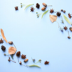 Wall Mural - Autumn background, frame made of dried yellow leaves and acorns with copy space. Seasonal composition, fall, thanksgiving day concept. Flat lay, top view