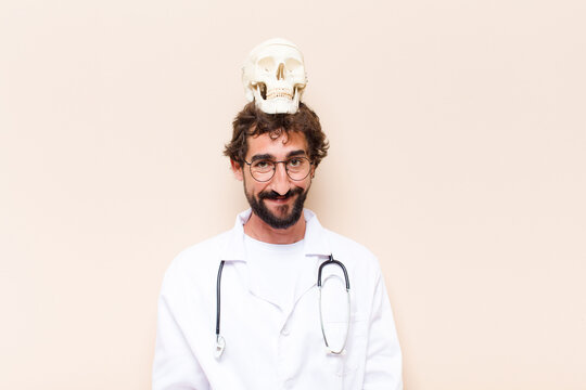 young physician man with a skull on his head