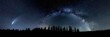Night sky with the Milky Way and comet Neowise looking like the Christmas Star and a silhouette of pine trees along the horizon.