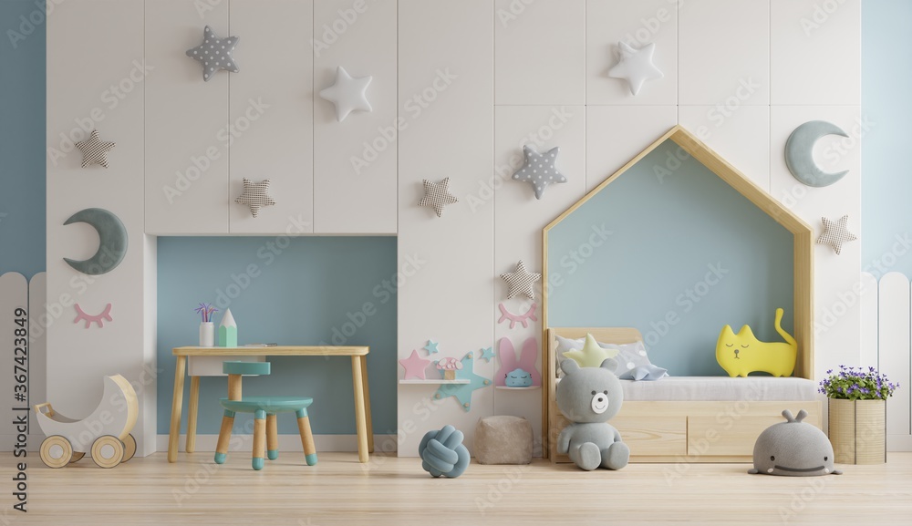 Mockup wall in the children's room on wall blue colors background. - obrazy, fototapety, plakaty 