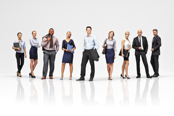 Business team concept. Group of diverse adult business professionals standing casually in a studio setting. 3d rendering