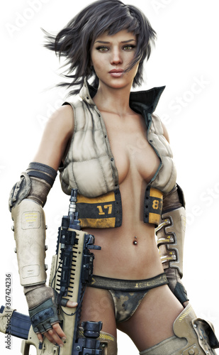 Fotografía Portrait of a futuristic sci fi female soldier with short brown hair wearing sexy military attire with a rifle at her side