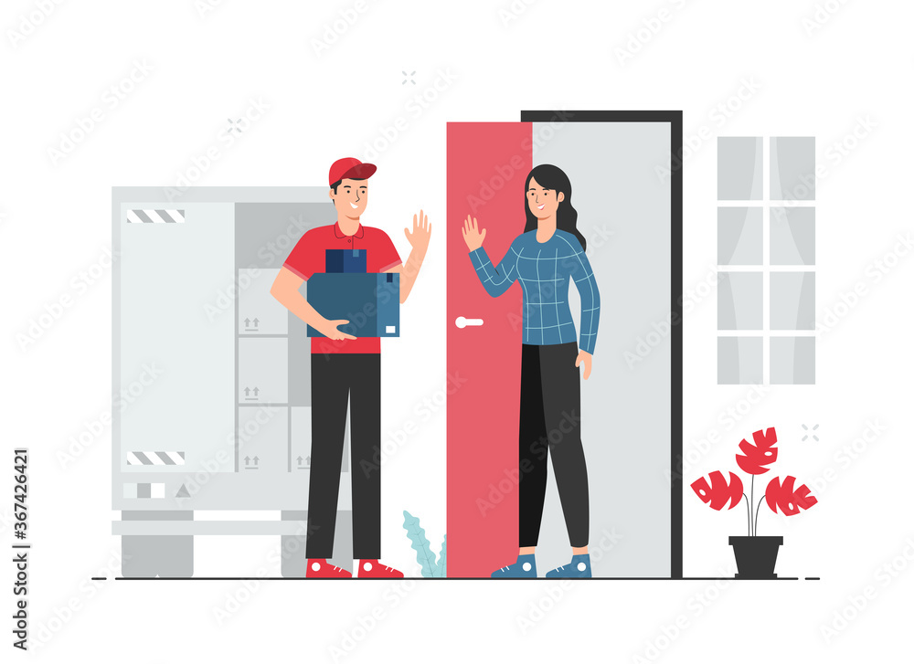 Delivery service concept. Male courier delivering packages to female customer's home - obrazy, fototapety, plakaty 