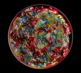 Wall Mural - 3d render of abstract art of surreal 3d planet earth or coral reef in organic curve round wavy lines in red blue white and yellow color inside glass sphere with blur effect on the edges on black