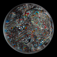 Wall Mural - 3d render of abstract art of surreal 3d planet earth in organic curve round wavy lines in red blue white and yellow color inside glass sphere with blur effect on the edges on isolated black back