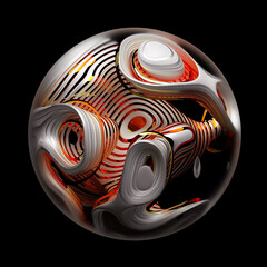 Wall Mural - 3d render of abstract art 3d glass ball with blur effect on the edges with organic curve round wavy biological object inside in white ceramic material with glossy orange metal parts in parallel lines