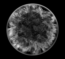 Wall Mural - 3d render of black and white abstract art of surreal spooky 3d glass ball planet or asteroid with blur effect on the edges with scratches and damages on surface with parallel lines pattern in the dark