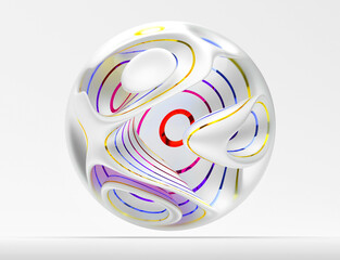 Wall Mural - 3d render of abstract art of surreal 3d ball in organic curve round wavy smooth and soft bio forms in white matte metal material with glossy parallel stripes in blue red and yellow color on white back