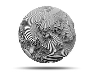 Wall Mural - 3d render of abstract black and white art with surreal 3d ball sphere planet or asteroid with damages on surface in black parallel round lines pattern on white background