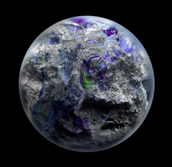 Wall Mural - 3d render of abstract art of surreal planet asteroid or organic mineral coral reef ball with rough surface in blue and grey line color inside, glass sphere with blur on the edges on black background