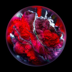 Wall Mural - 3d render of abstract art of surreal 3d planet or ocean life organism or coral reef inside glass sphere with blur effect on the edges in super intensive red and purple color with white small parts