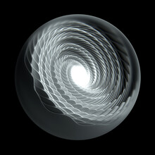3d Render Of Abstract Art Of Mechanical Industrial 3d Glass Ball With Blur Effect On The Edges With Swirl Pattern Elements In White Rough Plastic, In The Centre Glowing Light Core, On Black Background