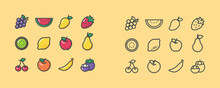 Fruits, Exotic Fruits, Vegetarian - Flat Style Web Icon Set. Included The Simple Vector Icons As Mango, Apple, Banana, Pear, Lime. Outline Icons Collection.