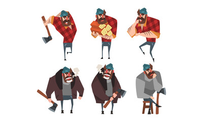 Wall Mural - Lumberjack in Different Poses Set, Strong Woodcutter Cartoon Character Style Vector Illustration on White Background