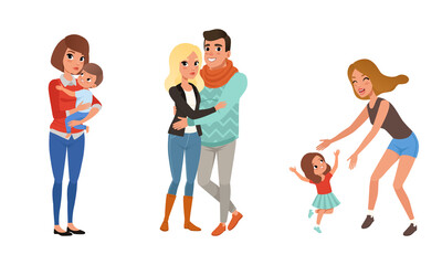 Sticker - Set of Different Families with Kids, Happy Couple in Love, Single Mothers and Children Cartoon Style Vector Illustration