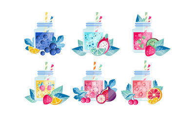 Sticker - Summer Fruit Smoothie Drinks Set, Fresh Healthy Drinks with Ripe Fruits Vector Illustration