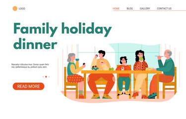 Wall Mural - Web page banner template with family holiday dinner and reunion of family generations at festive table scene, cartoon vector illustration on white background.