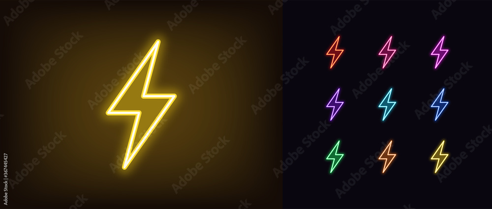 Neon lightning flash icon. Glowing neon thunder bolt sign, electrical discharge - obrazy, fototapety, plakaty 
