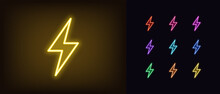 Neon Lightning Flash Icon. Glowing Neon Thunder Bolt Sign, Electrical Discharge