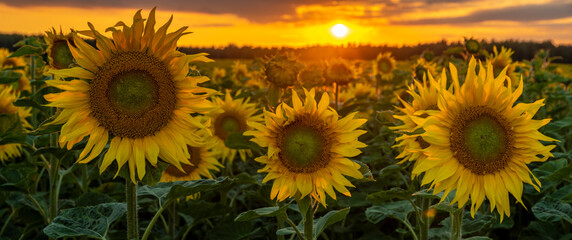 Wall Mural - sunset over a field of blooming sunflowers