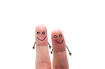 Two fingers on a white background with and without a face. Various emotions, joy, sadness, anger are depicted on the fingers