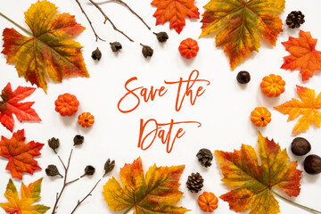 Wall Mural - beautiful calligraphy of english text save the date. frame of bright colorful autumn leaf decoration
