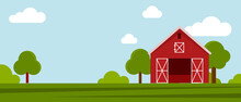 Country Farm House On A Green Meadow, Agricultural Construction. Flat Vector Illustration On A Background Of Blue Sky With Clouds.Cartoon Rural Landscape Panorama Field.Banner For Website