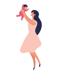 Wall Mural - A young mother stands and plays with her child in her arms. Happy mom laughs and plays with her daughter or son. Flat vector cartoon illustration for design