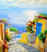  A Small Town With Streets And Flowers With The Mediterranean Sea On The Background Under The Bright Rays Of The Sun. Sea Landscape, Oil Painting On Canvas.   