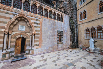 Canvas Print - Frontage of a church in Maronite Order Monastery of Qozhaya deticated to St Antohny the Great, located in Qadisha Valley in Lebanon