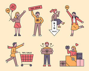 Wall Mural - people carrying shopping icons flat design style minimal vector illustration.