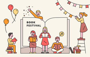 Wall Mural - book festival poster. people are reading books in front of large books, and some are decorating post