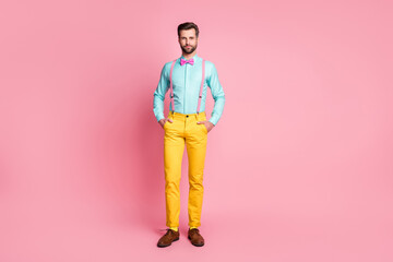 Sticker - Full length body size view of his he nice attractive imposing elegant trendy fashionable content bearded guy artist holding hands in pockets isolated over pink pastel color background