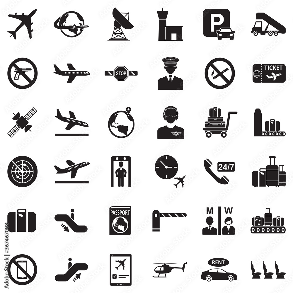 Airport Icons. Black Flat Design. Vector Illustration. - obrazy, fototapety, plakaty 