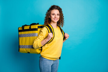 Poster - Portrait of her she nice attractive pretty content cheerful cheery wavy-haired girl carrying takeout meal lunch big bag isolated over bright vivid shine vibrant blue color background