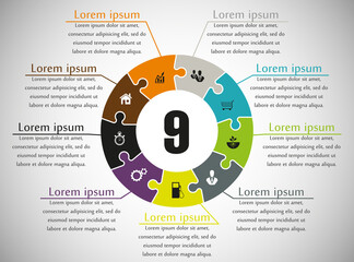 Fototapete - Nine sided puzzle presentation infographic template with explanatory text field for business statistics