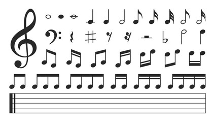 Set of musical notes. Black musical note icons. Music elements. Treble clef. Vector illustration.