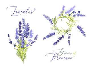 Lavender illustration wreath ith herbs and lettering. Watercolor outline vintage sketch on white background. Vector botanical paking or card design.