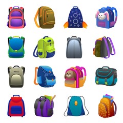 Sticker - Backpack icons set. Cartoon set of backpack vector icons for web design