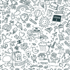 school doodle icons seamless pattern background. hand drawn education sign and stationery supply item and equipment symbols isolated on white background