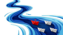 Leadership Concept, Origami Red Paper Boat Floating In Front Of White Paper Boats On Winding Blue River